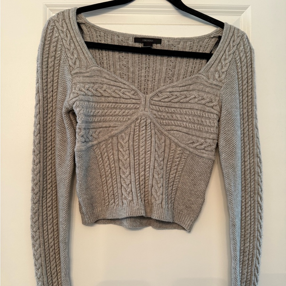 Forever 21 Light Gray V-Neck Cable Knit Sweater